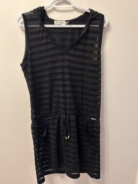 Calvin Klein Black Crochet Hooded V-Neck Cover-Up